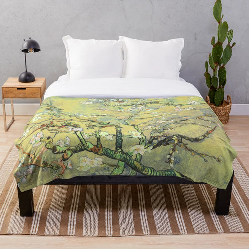 Almond blossom plush blanket featuring a pastel landscape inspired by the artwork of Vincent Van Gogh