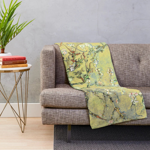 Almond blossom plush blanket featuring a pastel landscape inspired by the artwork of Vincent Van Gogh