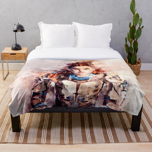 Aloy watercolor painting plush blanket featuring the protagonist of Horizon Zero Dawn video game