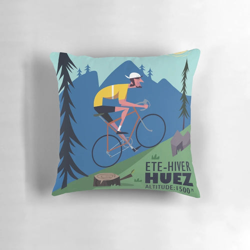Alpe d'Huez cyclist poster featuring a cyclist riding up the famous mountain pass in the French Alps