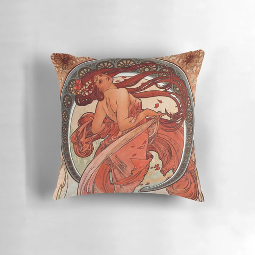 Alphonse Mucha inspired art nouveau decorative pillow featuring the "Dance" design.
