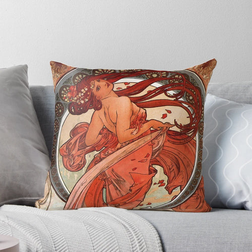 Alphonse Mucha inspired art nouveau decorative pillow featuring the "Dance" design.