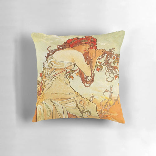 Decorative art nouveau style pillow featuring Alphonse Mucha's iconic "Four Seasons" design