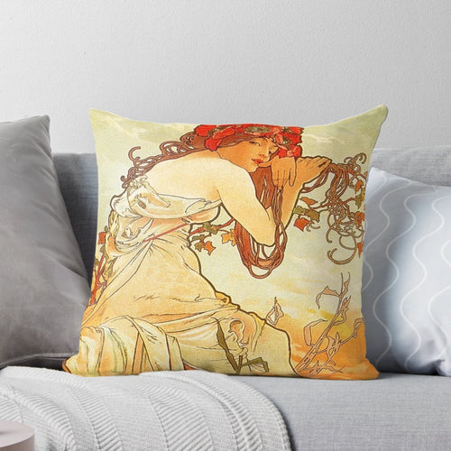Decorative art nouveau style pillow featuring Alphonse Mucha's iconic "Four Seasons" design