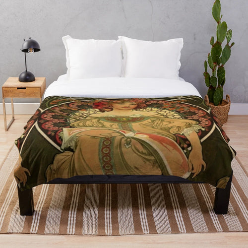 Alphonse Mucha inspired art nouveau plush blanket featuring seasonal floral designs