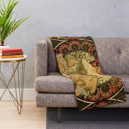 Alphonse Mucha inspired art nouveau plush blanket featuring seasonal floral designs