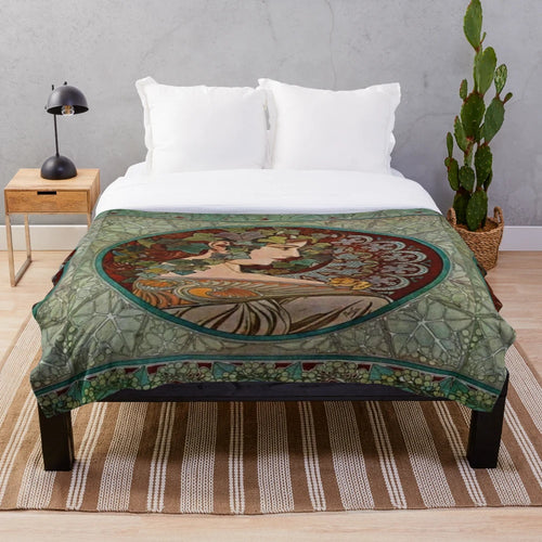 Alphonse Mucha inspired art nouveau plush blanket featuring a floral design