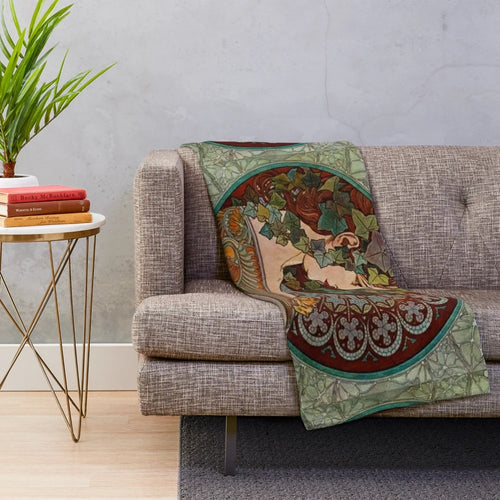 Alphonse Mucha inspired art nouveau plush blanket featuring a floral design