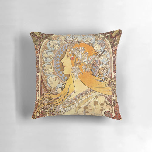 Vintage-style art nouveau design featuring a woman and zodiac elements, inspired by the iconic artwork of Alphonse Mucha.
