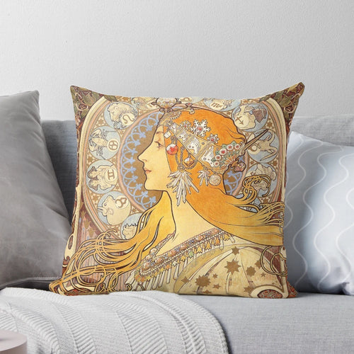 Vintage-style art nouveau design featuring a woman and zodiac elements, inspired by the iconic artwork of Alphonse Mucha.