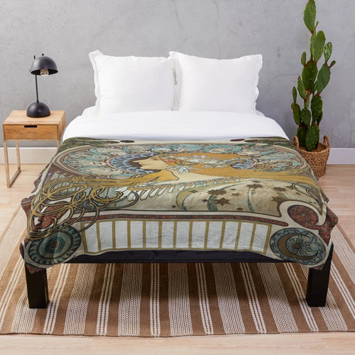 Cozy plush blanket featuring a digital painting inspired by the art of Alphonse Mucha