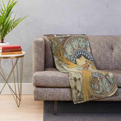 Cozy plush blanket featuring a digital painting inspired by the art of Alphonse Mucha