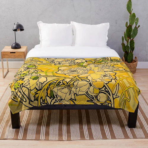 Alphonse Mucha-inspired floral plush blanket with art nouveau design