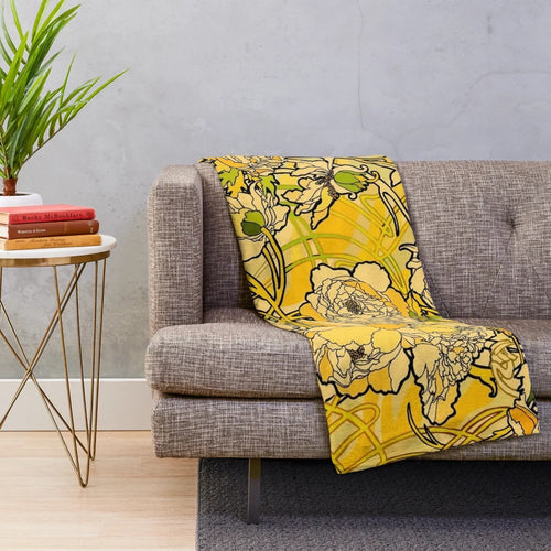 Alphonse Mucha-inspired floral plush blanket with art nouveau design