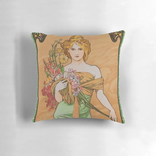 Vibrant art nouveau-style pillow featuring Alphonse Mucha's iconic "The Spring" design