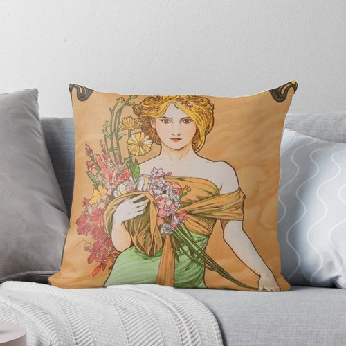 Vibrant art nouveau-style pillow featuring Alphonse Mucha's iconic "The Spring" design