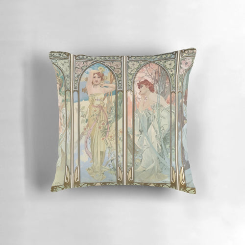 Colorful and beautiful Alphonse Mucha "Times of the Day" art nouveau-inspired decorative pillow.