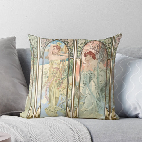 Colorful and beautiful Alphonse Mucha "Times of the Day" art nouveau-inspired decorative pillow.