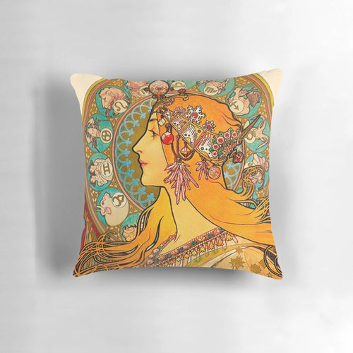 Alphonse Mucha's Zodiac (1896) design featured on a high-quality decorative pillow.