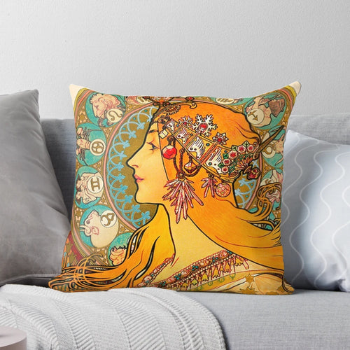 Alphonse Mucha's Zodiac (1896) design featured on a high-quality decorative pillow.