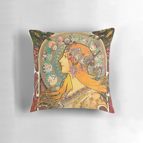 Alphonse Mucha Zodiac Art Nouveau-inspired decorative pillow with moon and stars design