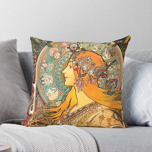 Alphonse Mucha Zodiac Art Nouveau-inspired decorative pillow with moon and stars design