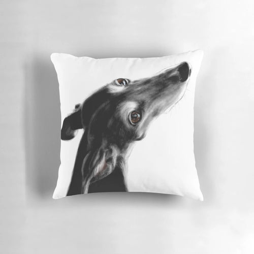 White greyhound or galgo espanol portrait printed on a white pillow, a timeless sighthound art piece by artist Tanja Kooymans.