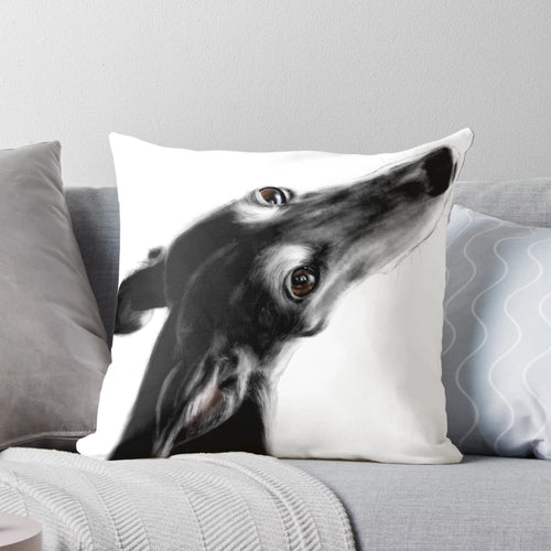 White greyhound or galgo espanol portrait printed on a white pillow, a timeless sighthound art piece by artist Tanja Kooymans.