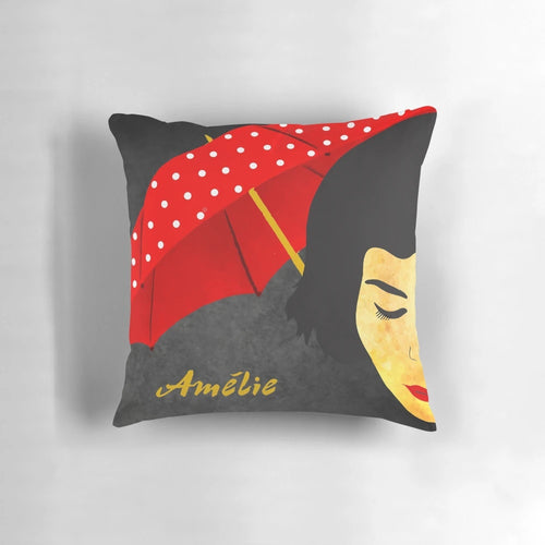 Amélie Poulain inspired decorative pillow with whimsical film character design
