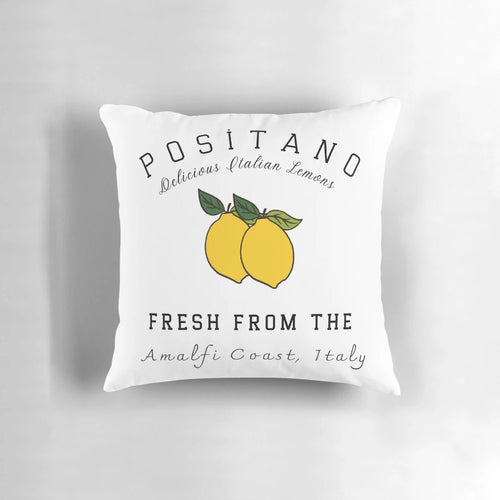 Amalfi Coast vintage travel pillow featuring lemon trees, coastal architecture, and the Mediterranean Sea