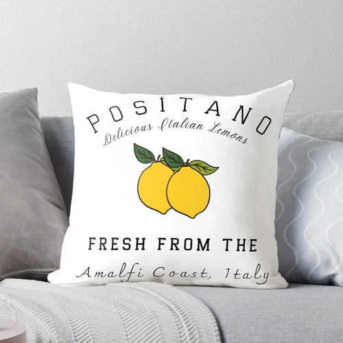 Amalfi Coast vintage travel pillow featuring lemon trees, coastal architecture, and the Mediterranean Sea