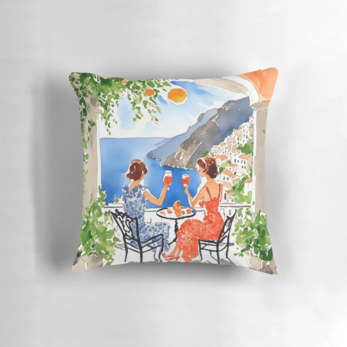 Vibrant watercolor painting of the Amalfi Coast on a decorative throw pillow, featuring the iconic Aperol Spritz cocktail.