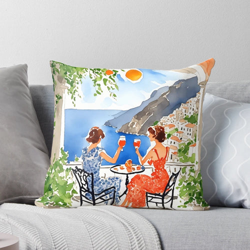 Vibrant watercolor painting of the Amalfi Coast on a decorative throw pillow, featuring the iconic Aperol Spritz cocktail.