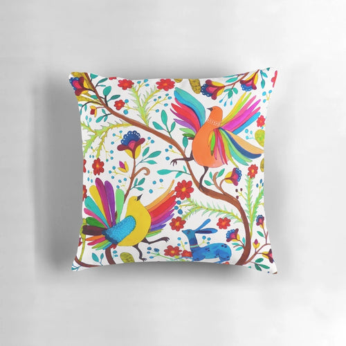 Vibrant and colorful amate 1 pillow with intricate Mexican embroidered pattern and bird motif