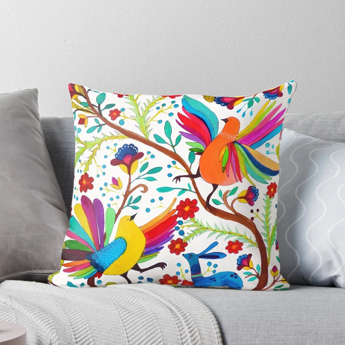 Vibrant and colorful amate 1 pillow with intricate Mexican embroidered pattern and bird motif