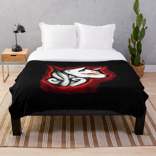 Amaterasu inspired plush blanket with wolf and goddess design