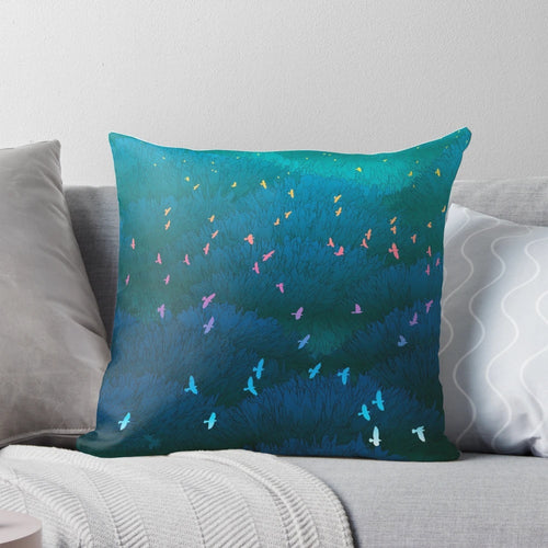 Amazonian Flight Pillow featuring a vibrant blue tropical landscape and wildlife