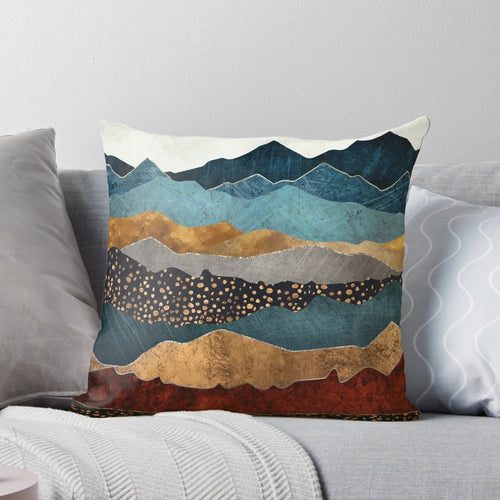 Amber Dusk Pillow featuring a scenic landscape with mountains, hills, sun, and moon