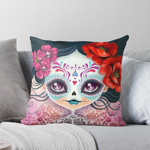 Close-up image of a decorative sugar skull pillow with intricate Mexican folk art design.