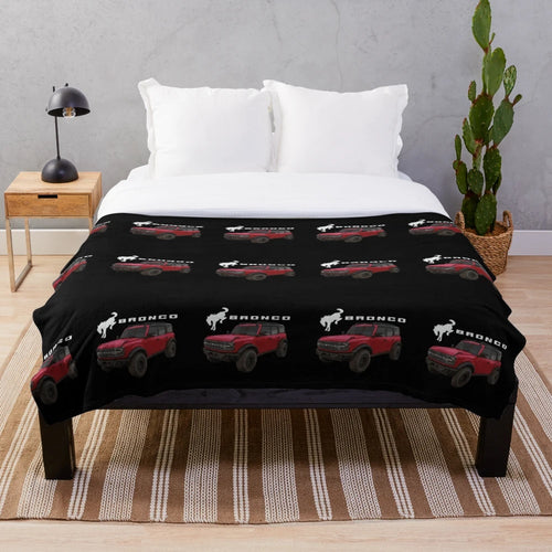 Rapid Red Ford Bronco-themed plush blanket with American patriotic design