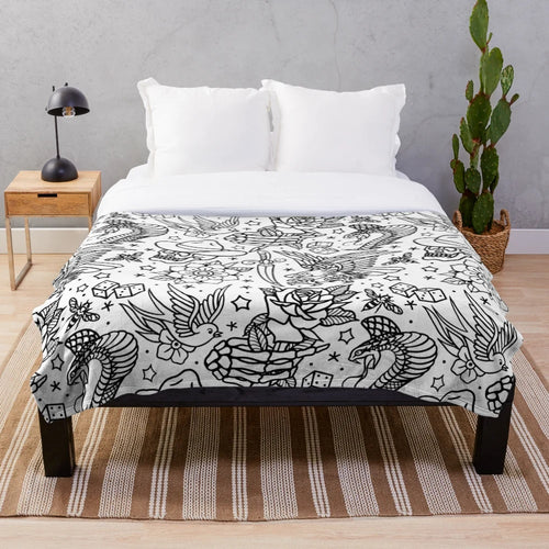 American Traditional Tattoo Flash Inspired Plush Blanket with Eagle, Skull, Flower, and Other Tattoo Designs