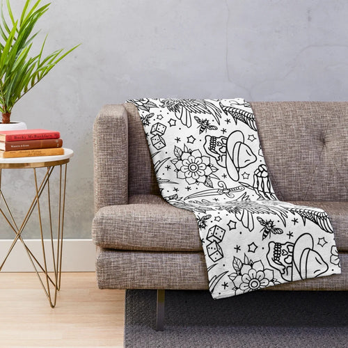 American Traditional Tattoo Flash Inspired Plush Blanket with Eagle, Skull, Flower, and Other Tattoo Designs