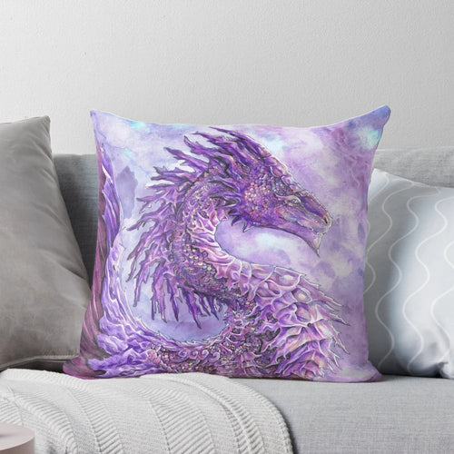 Amethyst Dragon Decorative Pillow featuring a captivating purple gemstone dragon design for mystical home decor.