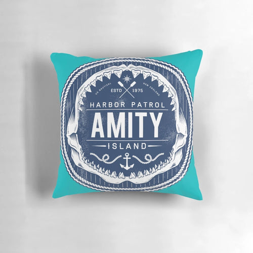 Amity Island Harbor Patrol inspired throw pillow with shark and boat graphic