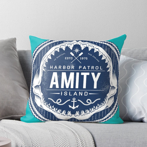 Amity Island Harbor Patrol inspired throw pillow with shark and boat graphic