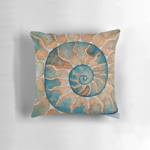 Vibrant watercolor painting of an ammonite fossil with a captivating spiral pattern in shades of blue and gold.
