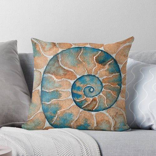Vibrant watercolor painting of an ammonite fossil with a captivating spiral pattern in shades of blue and gold.