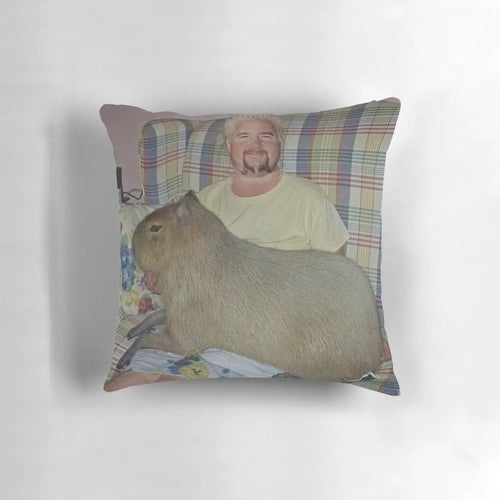 Funny and unusual image of Guy Fieri posing with a capybara, printed on a high-quality pillow