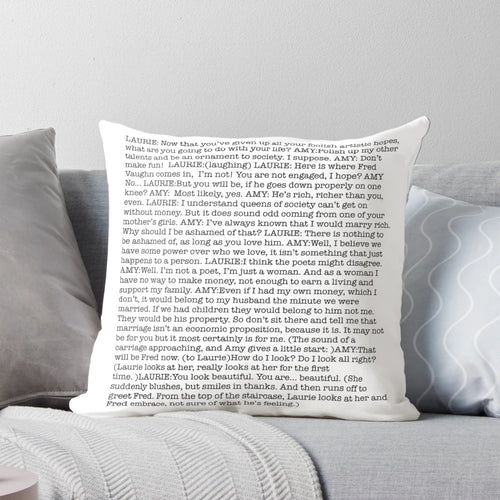 Pillow featuring a quote from Amy March's economic proposition speech in the movie adaptation of Little Women.