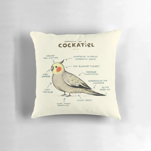 Closeup of a cockatiel-shaped pillow with detailed feather pattern and beak